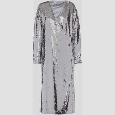 Pre-owned Ganni Polyester Midi Dress 34 In Silver