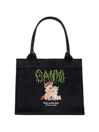 Ganni Pony Print Shopper In Black