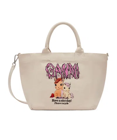 Ganni Small Easy Shopper Pony Print In Neutral