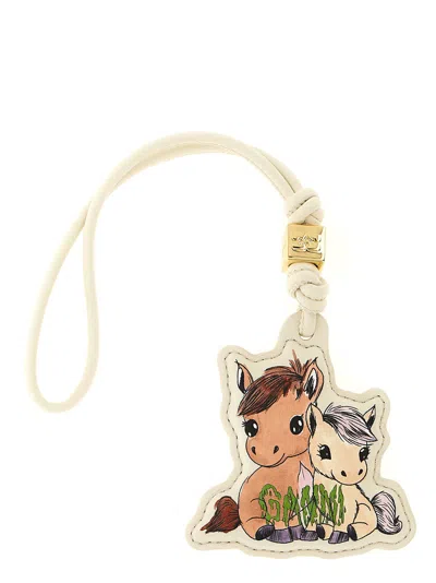 Ganni Pony-embroidered Leather Key Case In Cream