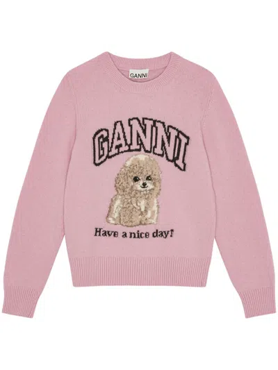 GANNI GANNI POODLE GRAPHIC CREWNECK SWEATER WITH RELAXED FIT