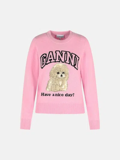 Ganni Poodle Graphic Sweater In Pink Wool Blend