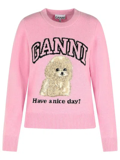 Ganni Poodle Graphic Sweater In Pink Wool Blend