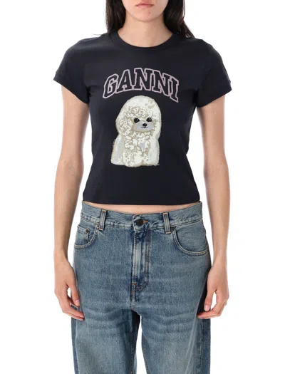 Ganni Washed Black T-shirt With Poodle Print In Animal Print
