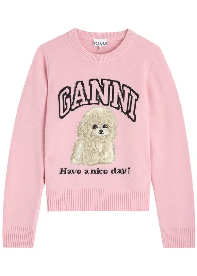 GANNI GANNI POODLE LOGO-INTARSIA WOOL-BLEND JUMPER
