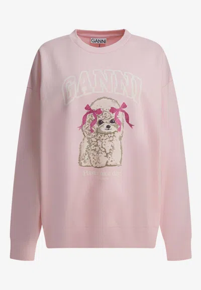 Ganni Poodle Print Sweatshirt In Pink