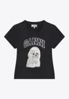 Ganni Women Black T-shirt With Round Neck And Maxi Logo On The Front In Cotton Woman In Blue