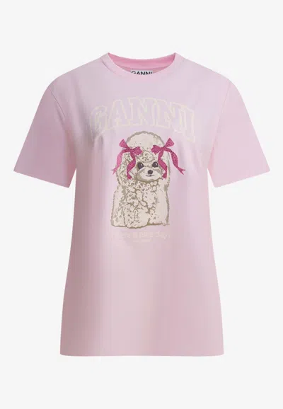 Ganni Poodle Print T-shirt In Pink