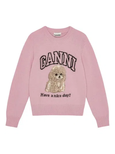 Ganni Poodle Wool Crewneck Sweater In Pink