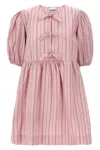 Ganni Striped Puff Sleeve Dress With Bow