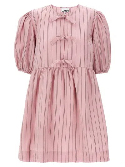 Ganni Striped Puff Sleeve Dress With Bow In Pink