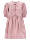 Ganni Striped Puff Sleeve Dress With Bow In Pink