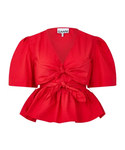 Ganni Poplin Bow Short Sleeve Blouse In Red