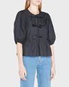 GANNI POPLIN FRONT-TIE PEPLUM BLOUSE WITH PUFFED-SLEEVES