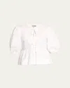 Ganni Poplin Front-tie Peplum Blouse With Puffed-sleeves In Bright White
