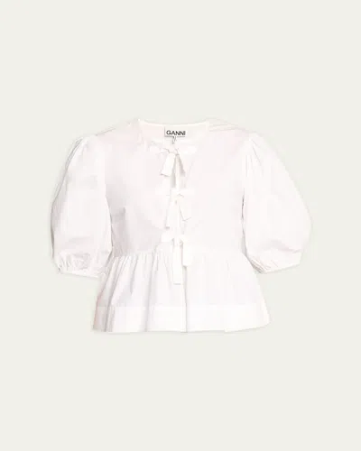 GANNI POPLIN FRONT-TIE PEPLUM BLOUSE WITH PUFFED-SLEEVES