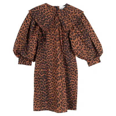 Ganni Poplin Mini Dress In Animal Print Cotton In Multi
