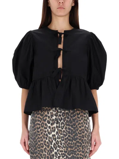 Ganni Poplin Front-tie Peplum Blouse With Puffed-sleeves In Black