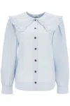 Ganni Organic Cotton Poplin Ruffle Peter Pan Collar Button-up Shirt In Light Blue