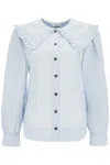 Ganni Organic Cotton Poplin Ruffle Peter Pan Collar Button-up Shirt In Viola