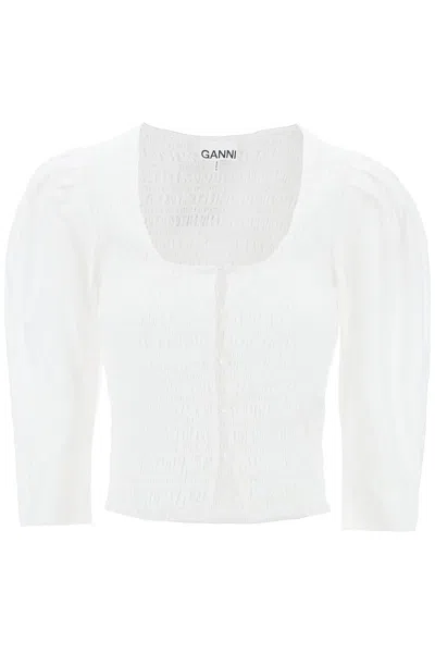 Ganni Smocked Cotton-poplin Cropped Blouse In White