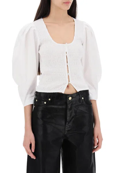 Ganni Smocked Cotton-poplin Cropped Blouse In White