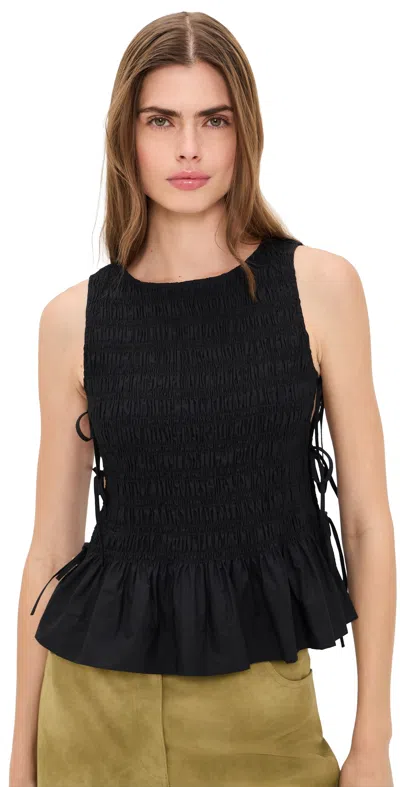 Ganni Cotton Smock Tie Top In Black In Gray