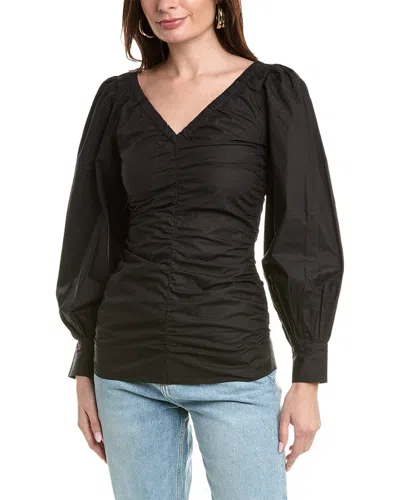 Ganni Poplin V-neck Gathered Blouse In Black