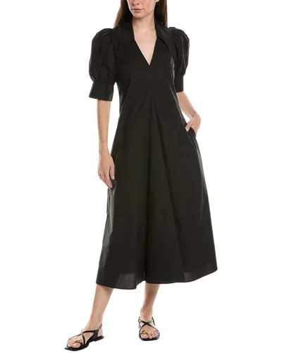 Ganni Poplin Short Sleeve Midi Dress In Black
