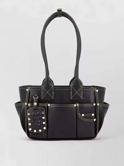 Ganni Pose Small Tote Bag Contrast Stitching In Black
