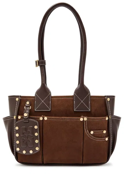 Ganni Posy Small Leather And Suede Shoulder Bag In Brown