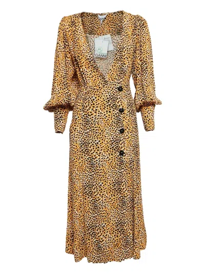 Pre-owned Ganni  Puff-sleeve Leopard-print Midi Dress In Yellow
