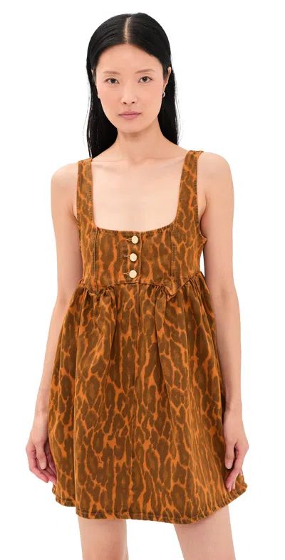 Ganni Print Denim Babydoll Mini Dress Autumn Maple In Brown