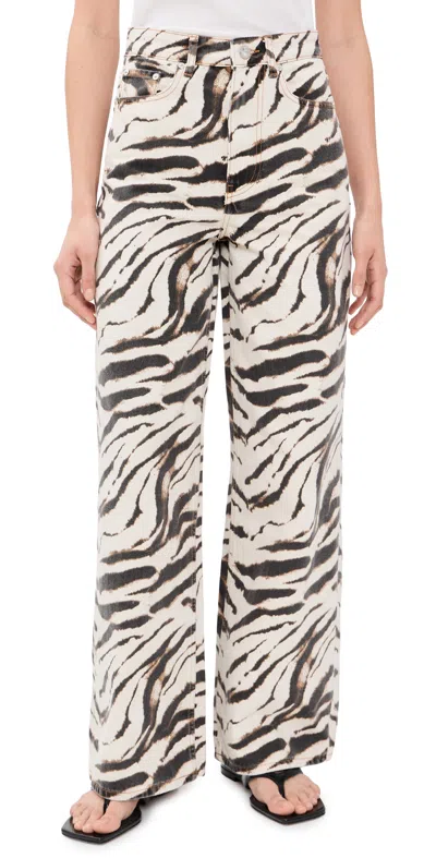 Ganni Womens Egret Lari Zebra-print Wide-leg Cotton Denim Jeans In White