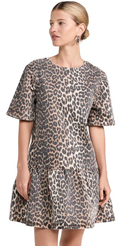 Ganni Leopard-print Cotton-blend Twill Mini Dress In Brown