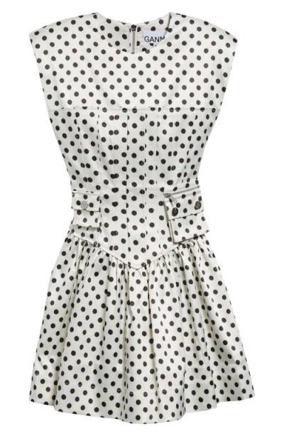 Ganni Polka Dot Satin Mini Dress With Corset In Beige