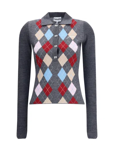 Ganni Print Polo Sweater In Multi