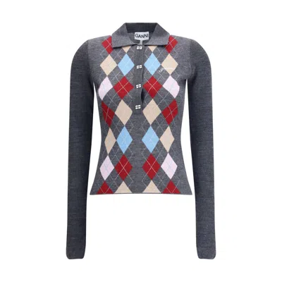 Ganni Women Print Polo Sweater In Gray