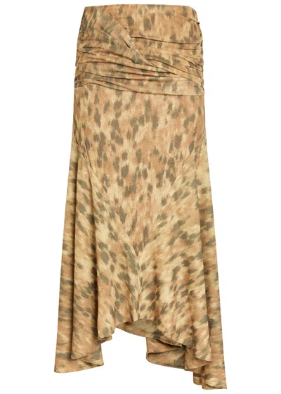 Ganni Printed Asymmetric Jersey Midi Skirt In Brown