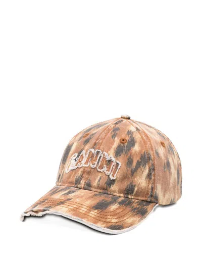 Ganni Printed Baseball Cap In Brown
