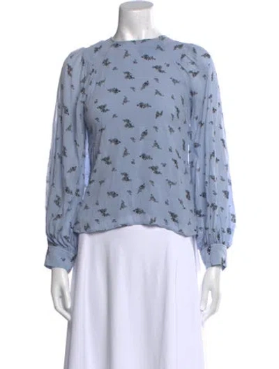 Pre-owned Ganni Printed Bateau Neckline Blouse In Blue