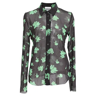 Pre-owned Ganni Printed Button-down Mesh Shirt In Black Polyamide