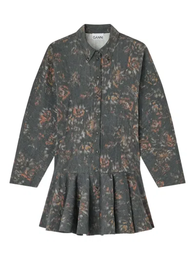 Ganni Black Floral Shirt Dress In Multi