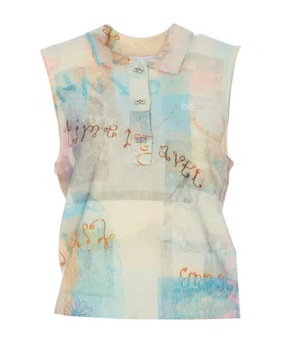 Ganni Printed Cashmere Sleeveless Polo In Multi