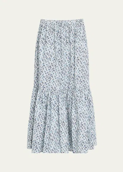 Ganni Printed Cotton Maxi Flounce Skirt In Glacier Lake