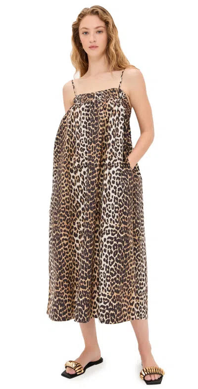 GANNI PRINTED COTTON MIDI STRAP DRESS LEOPARD