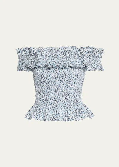Ganni Printed Cotton Off-shoulder Smock Top In Blue