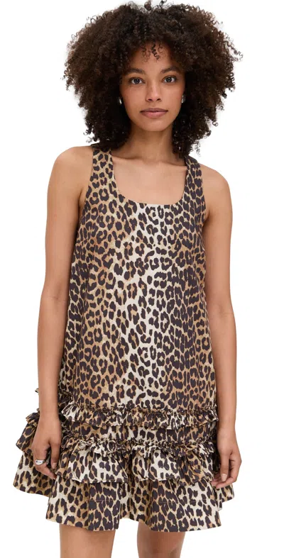 GANNI PRINTED COTTON POPLIN MINI DRESS LEOPARD