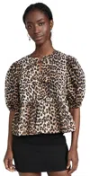 Ganni Multicolor Blouse With Front Tie Closure And All-over Leopard Motif In Cotton Woman In Leopard