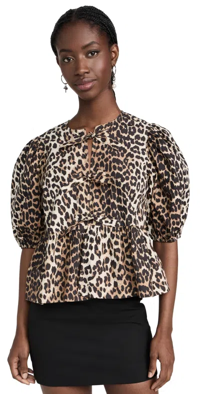 GANNI PRINTED COTTON POPLIN PEPLUM BLOUSE LEOPARD